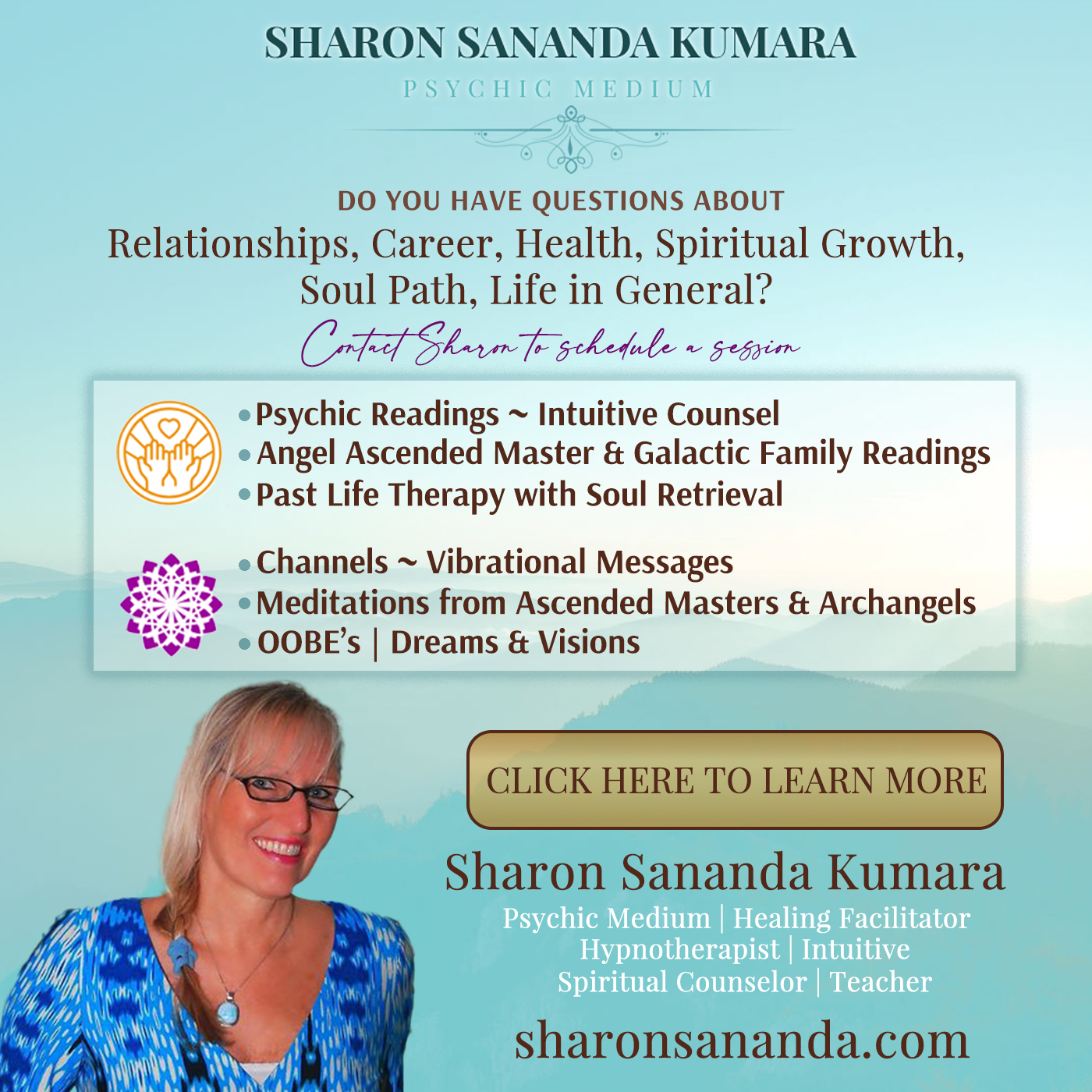 Sharon Sunanda Kumara - Psychic Medium, Healing Facilitatior, Hypnotherapist, Intuitive